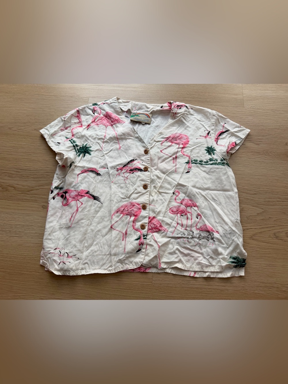 Paradise Found Womens 100% Rayon White Pink Flamingos Hawaiian Camp Shirt Size M
